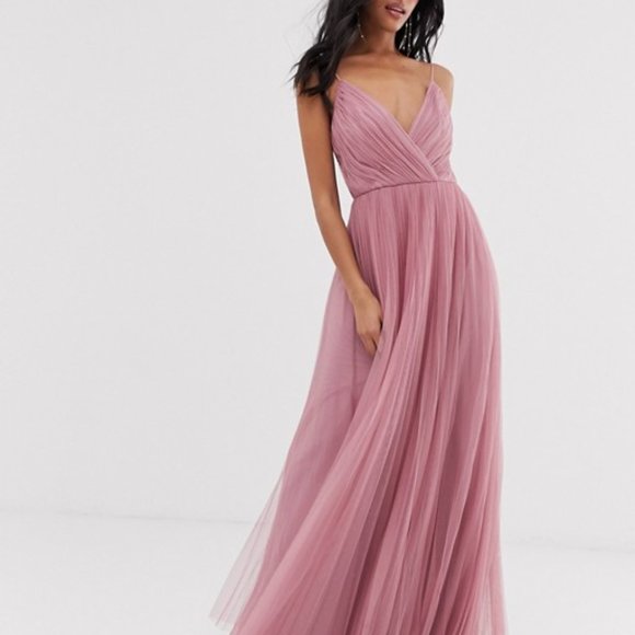 ASOS Dresses & Skirts - Asos Pleated Tulle Spaghetti Strap Gown Dress Pink